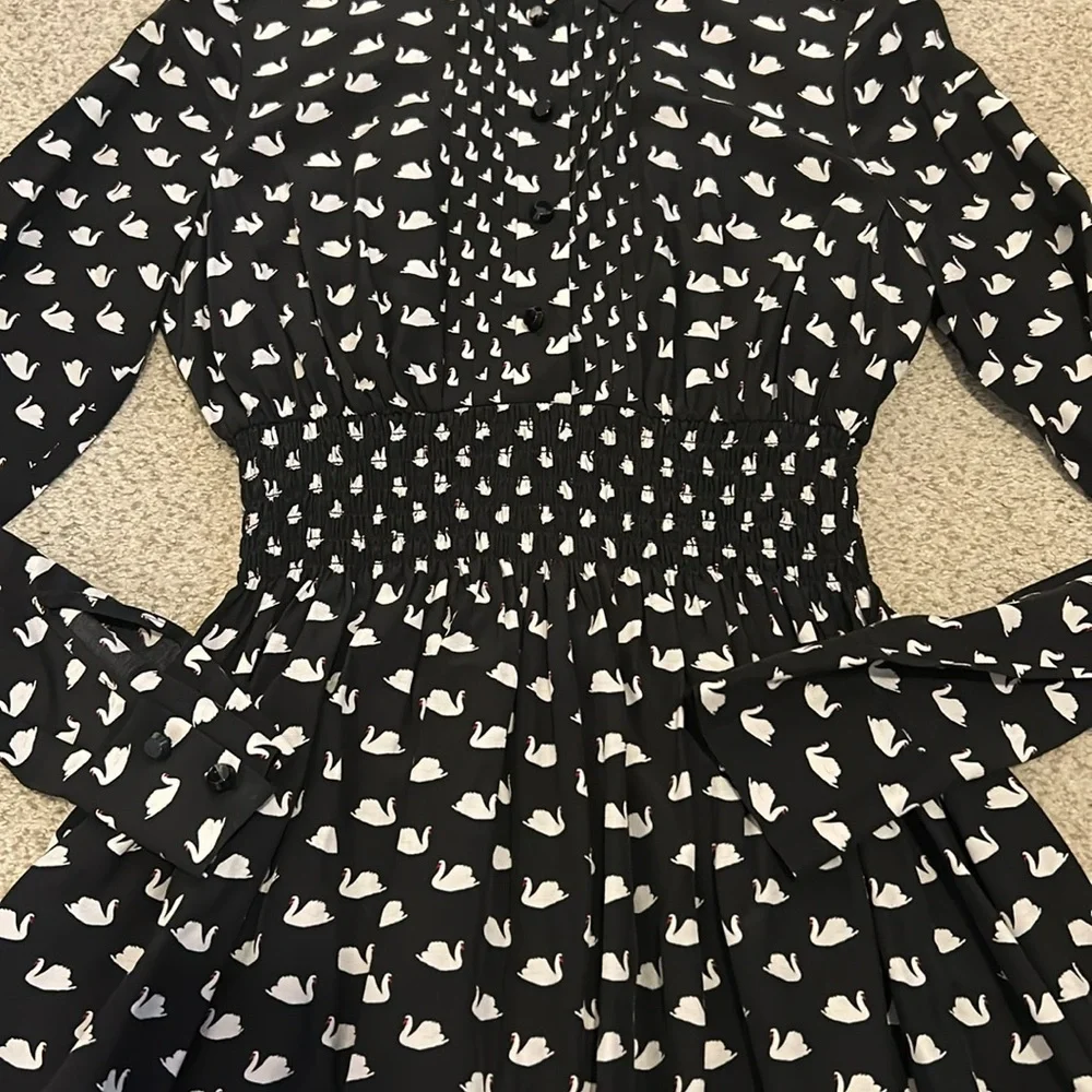 Kate Spade Swan Print Black & White Silk Rayon Dress, XS